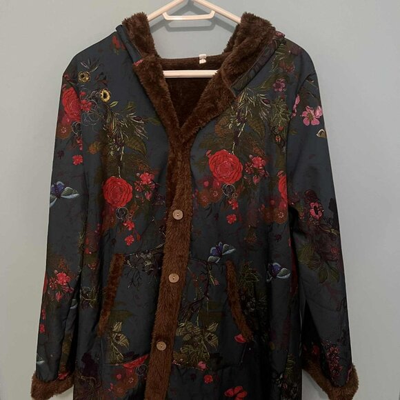 Women’s 2XL Floral Hooded Coat – Fleece Lined Button Front Winter Jacket - Picture 1 of 4